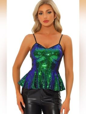 Allegra K Sequin Sparkle Tank Top for Women's V Neck Ruffle Camisole Sleeveless